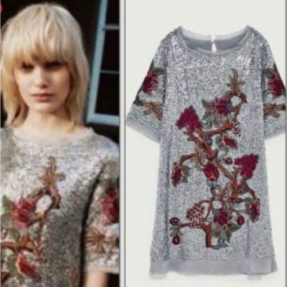 🩶Zara Silver Sequin L Floral Embroidered dress ASO Alexis Rose Schitts Creek - Picture 3 of 16